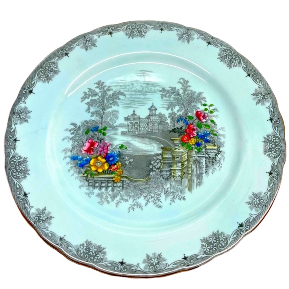 Aynsley Queens Garden Blue Enameled Scalloped Bread Plate vintage.